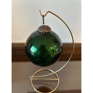 Vintage Midwest Kugel Green Crackle Mercury Glass‎ Christmas Ornament 4"